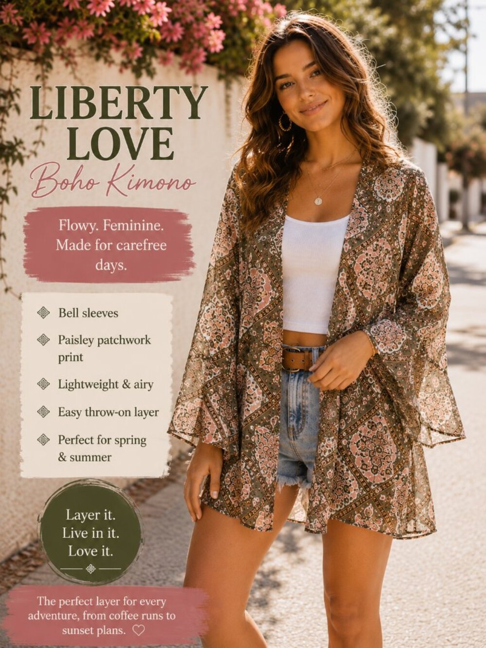 Liberty Love Boho Paisley Kimono Cardigan Olive Pink Bell Sleeve Festival Layer